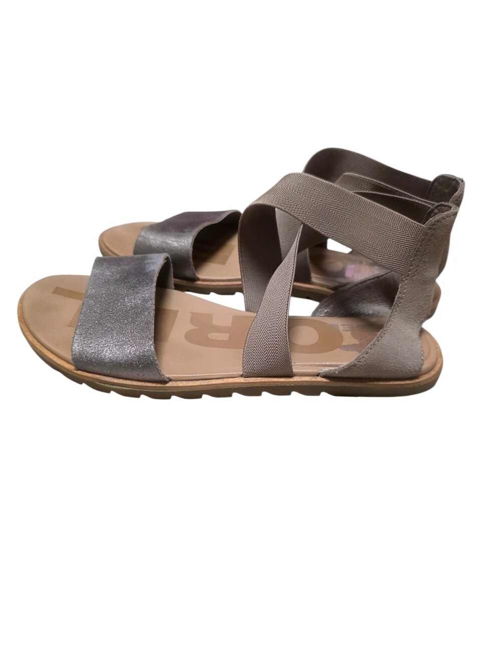 Sorel Ella Ankle Flat Metallic Sandal With Leather Upper